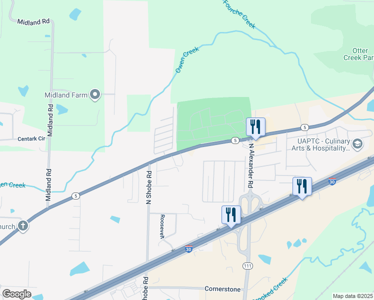 map of restaurants, bars, coffee shops, grocery stores, and more near 9700 Arkansas 5 in Alexander