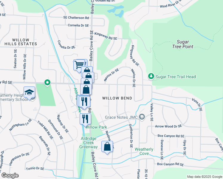 map of restaurants, bars, coffee shops, grocery stores, and more near 10002 Allison Drive Southeast in Huntsville