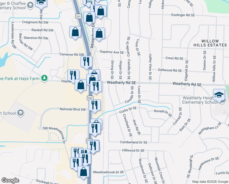map of restaurants, bars, coffee shops, grocery stores, and more near 10006 Hogan Drive Southeast in Huntsville