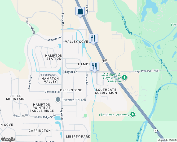 map of restaurants, bars, coffee shops, grocery stores, and more near 521 Wade Road Southeast in Owens Cross Roads