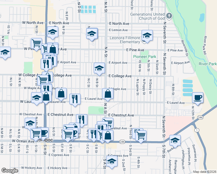 map of restaurants, bars, coffee shops, grocery stores, and more near 805 East Maple Avenue in Lompoc