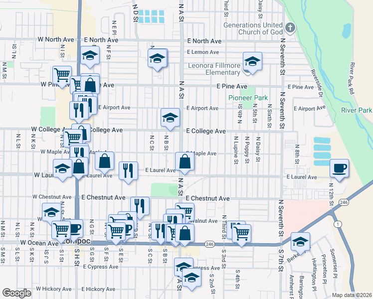 map of restaurants, bars, coffee shops, grocery stores, and more near 805 E Maple Ave in Lompoc