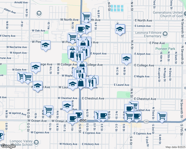 map of restaurants, bars, coffee shops, grocery stores, and more near 219 East Maple Avenue in Lompoc