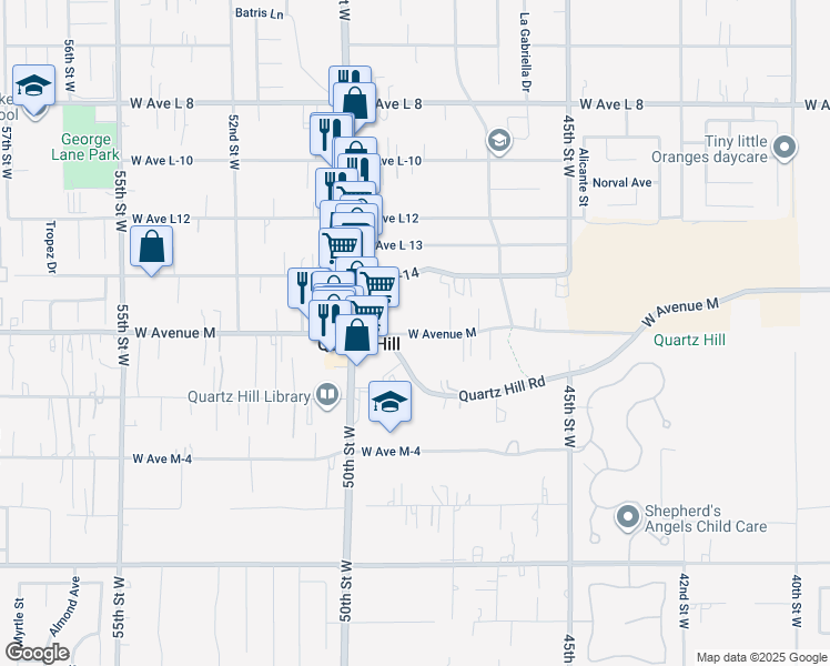 map of restaurants, bars, coffee shops, grocery stores, and more near 4830 Columbia Way in Lancaster