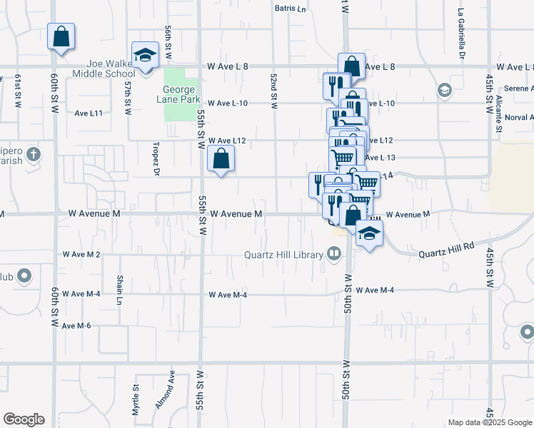 map of restaurants, bars, coffee shops, grocery stores, and more near 5238 West Avenue M in Quartz Hill