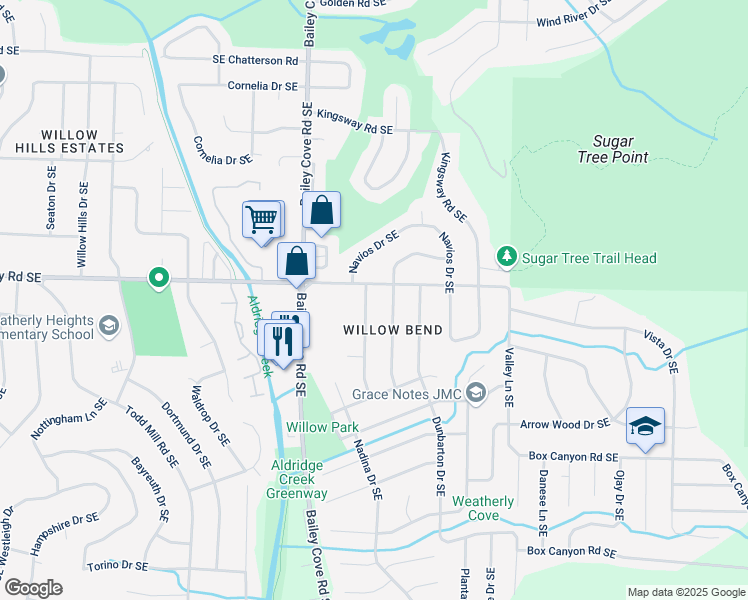 map of restaurants, bars, coffee shops, grocery stores, and more near 10002 Allison Drive Southeast in Huntsville