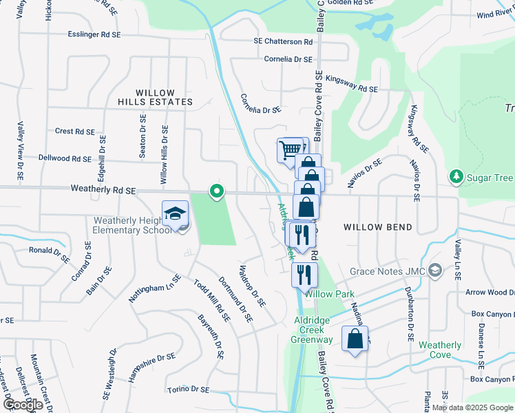 map of restaurants, bars, coffee shops, grocery stores, and more near 10011 Willow Cove Road Southeast in Huntsville
