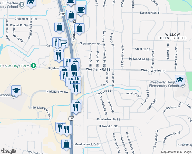 map of restaurants, bars, coffee shops, grocery stores, and more near 10006 Hogan Drive Southeast in Huntsville