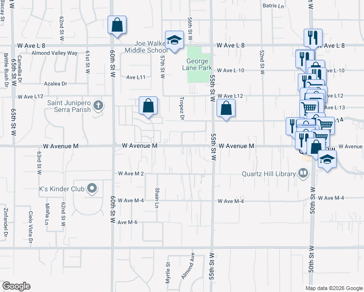 map of restaurants, bars, coffee shops, grocery stores, and more near 5608 West Avenue M in Quartz Hill