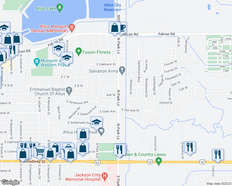 map of restaurants, bars, coffee shops, grocery stores, and more near 1409 Ash Street in Altus