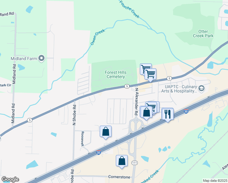 map of restaurants, bars, coffee shops, grocery stores, and more near 9900 Arkansas 5 in Alexander