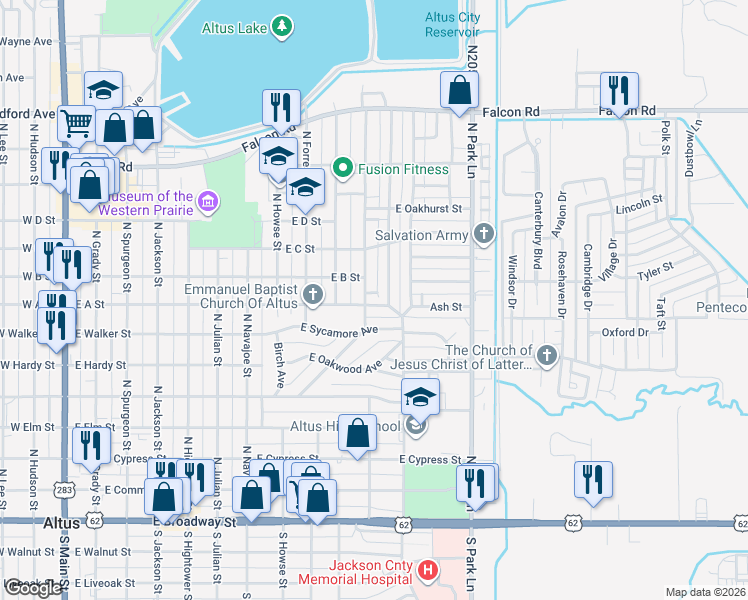 map of restaurants, bars, coffee shops, grocery stores, and more near 1101 Ash Street in Altus