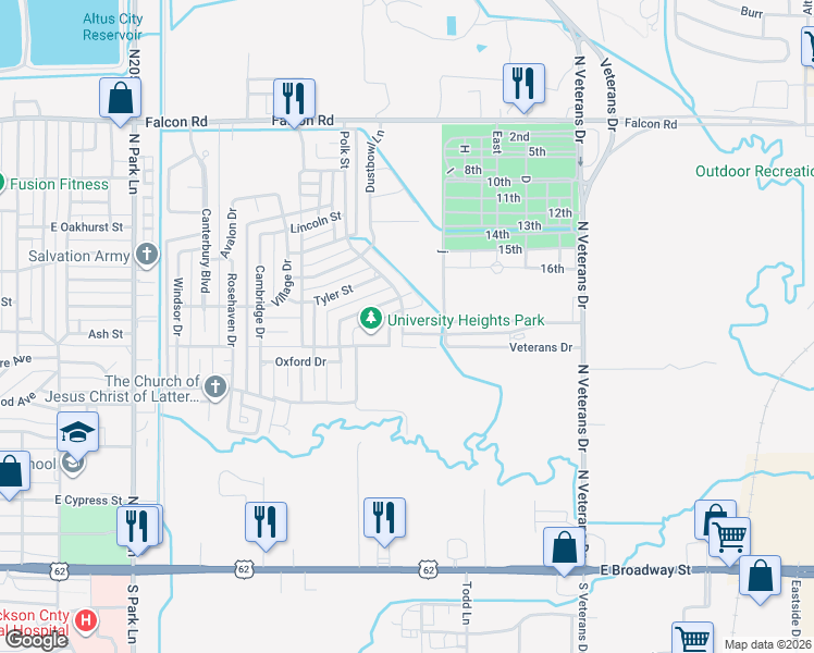 map of restaurants, bars, coffee shops, grocery stores, and more near 709 Polk Street in Altus