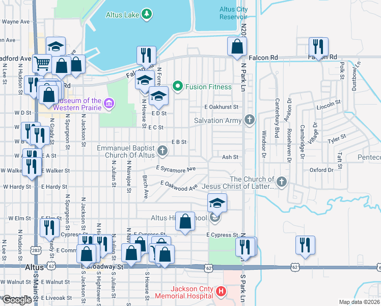 map of restaurants, bars, coffee shops, grocery stores, and more near 1101 Ash Street in Altus