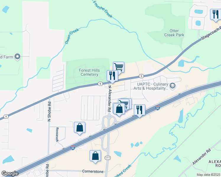 map of restaurants, bars, coffee shops, grocery stores, and more near 101 Aliza Drive in Little Rock
