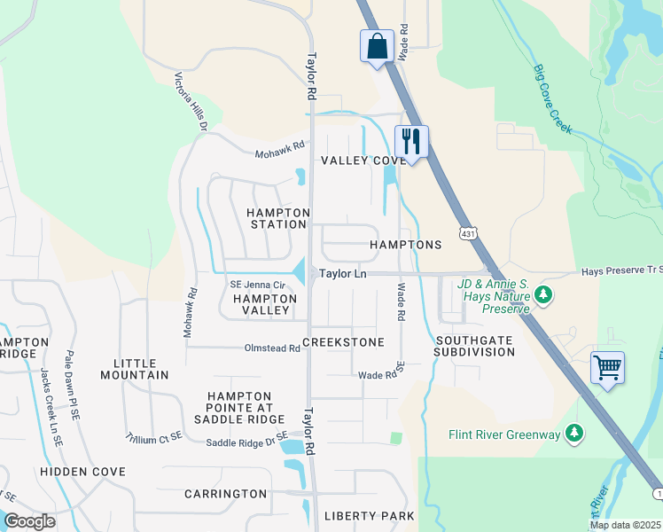 map of restaurants, bars, coffee shops, grocery stores, and more near 5305 Frankford Drive Southeast in Owens Cross Roads