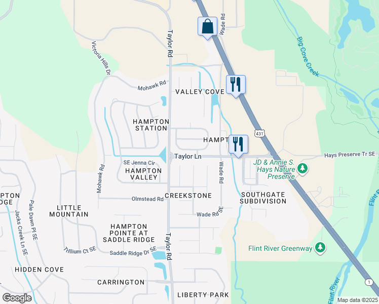 map of restaurants, bars, coffee shops, grocery stores, and more near 5305 Frankford Drive Southeast in Owens Cross Roads