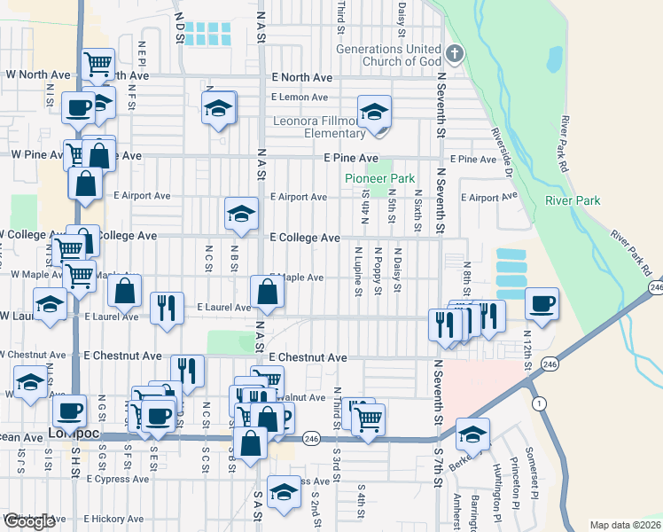 map of restaurants, bars, coffee shops, grocery stores, and more near 509 North Third Street in Lompoc