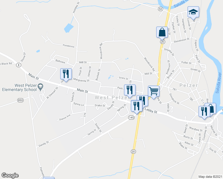 map of restaurants, bars, coffee shops, grocery stores, and more near 3 Dunlap Street in Pelzer
