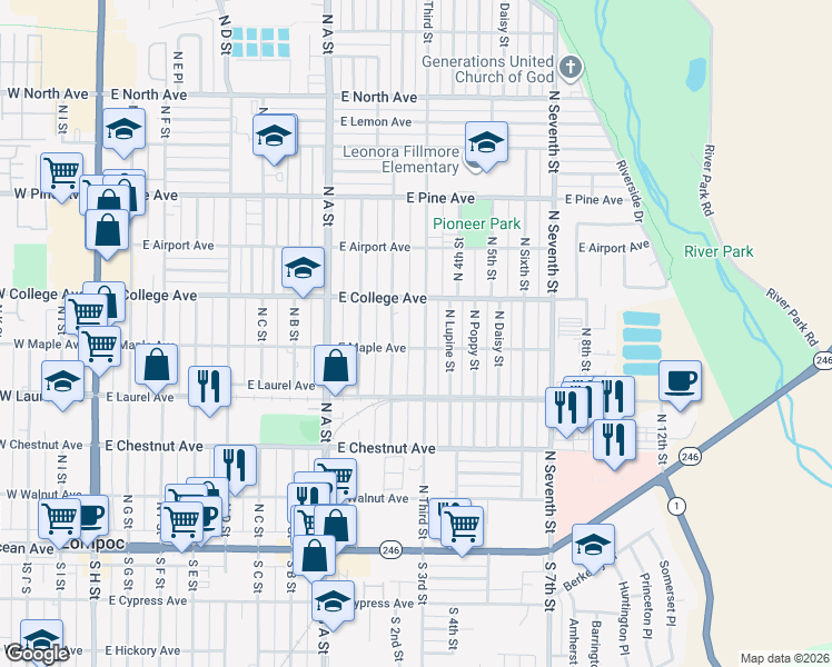 map of restaurants, bars, coffee shops, grocery stores, and more near 509 North Third Street in Lompoc