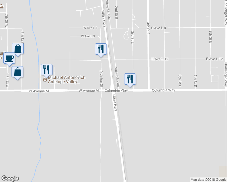 map of restaurants, bars, coffee shops, grocery stores, and more near 132 East Avenue M in Palmdale