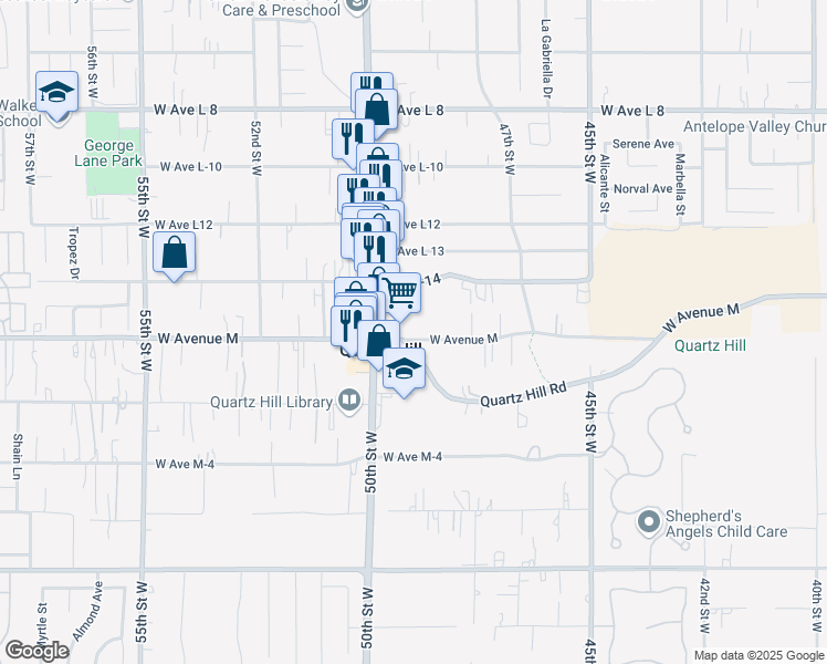 map of restaurants, bars, coffee shops, grocery stores, and more near 4830 Columbia Way in Lancaster