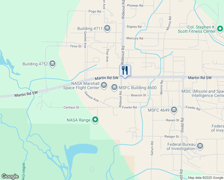 map of restaurants, bars, coffee shops, grocery stores, and more near Building 4600 Rideout Road in Huntsville