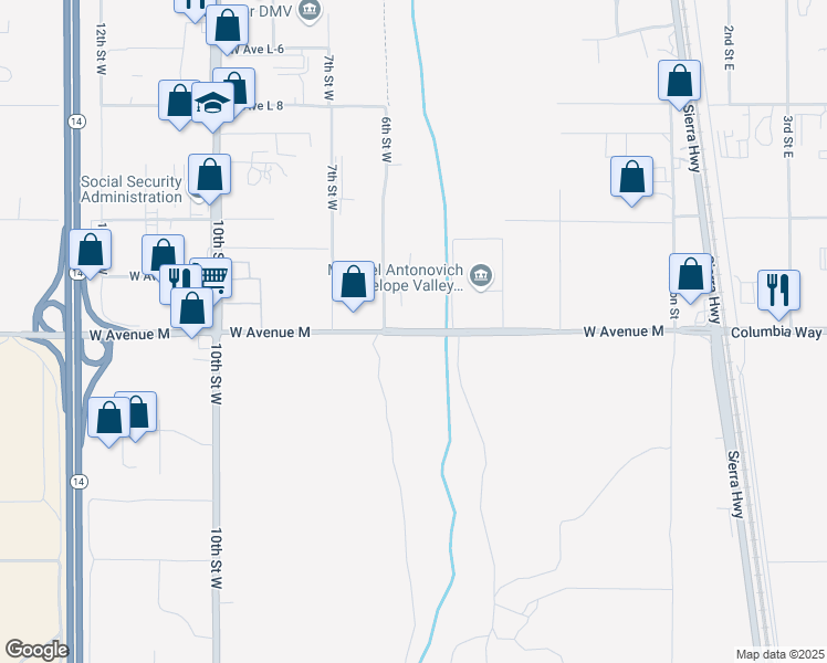 map of restaurants, bars, coffee shops, grocery stores, and more near East Avenue M in Palmdale