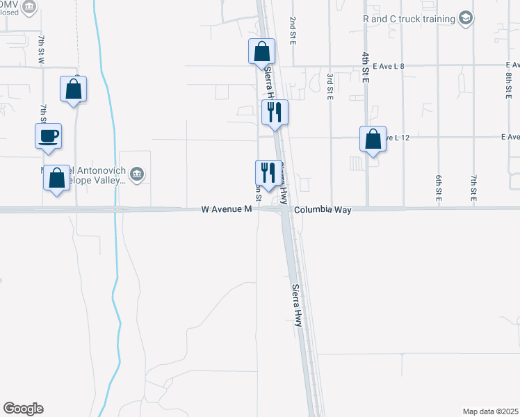 map of restaurants, bars, coffee shops, grocery stores, and more near 26 East Avenue M in Lancaster
