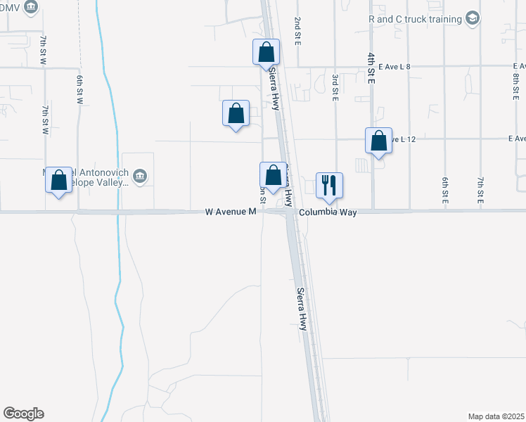 map of restaurants, bars, coffee shops, grocery stores, and more near 2 East Avenue M in Lancaster