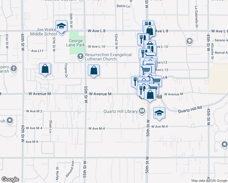 map of restaurants, bars, coffee shops, grocery stores, and more near 5238 West Avenue M in Quartz Hill