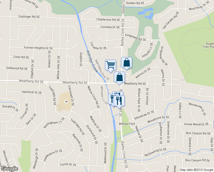 map of restaurants, bars, coffee shops, grocery stores, and more near 10011 Meredith Lane Southeast in Huntsville