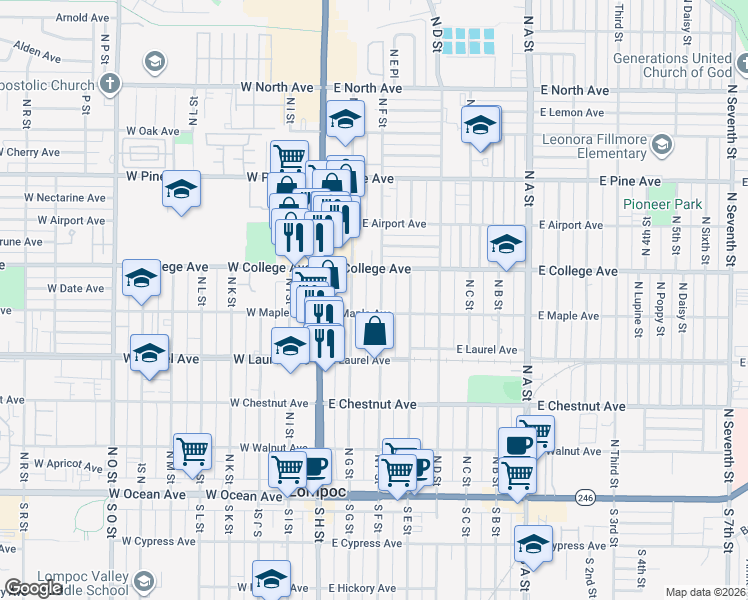 map of restaurants, bars, coffee shops, grocery stores, and more near 509 North F Street in Lompoc
