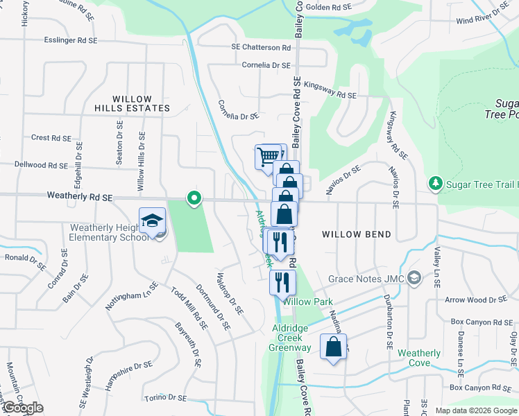 map of restaurants, bars, coffee shops, grocery stores, and more near 10011 Meredith Lane Southeast in Huntsville