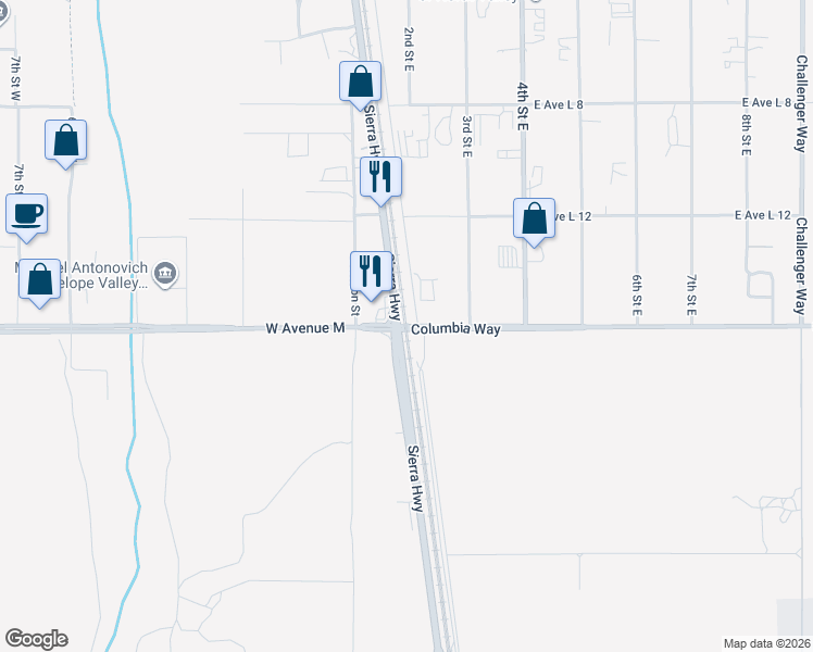 map of restaurants, bars, coffee shops, grocery stores, and more near 132 East Avenue M in Palmdale