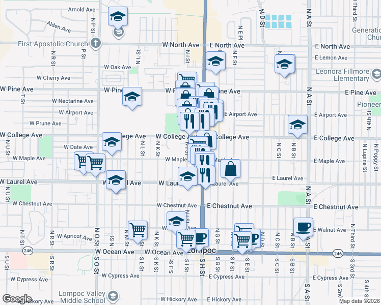 map of restaurants, bars, coffee shops, grocery stores, and more near 117 West Maple Avenue in Lompoc