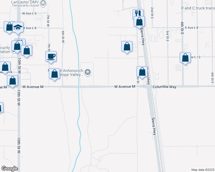 map of restaurants, bars, coffee shops, grocery stores, and more near 165 West Avenue M in Palmdale