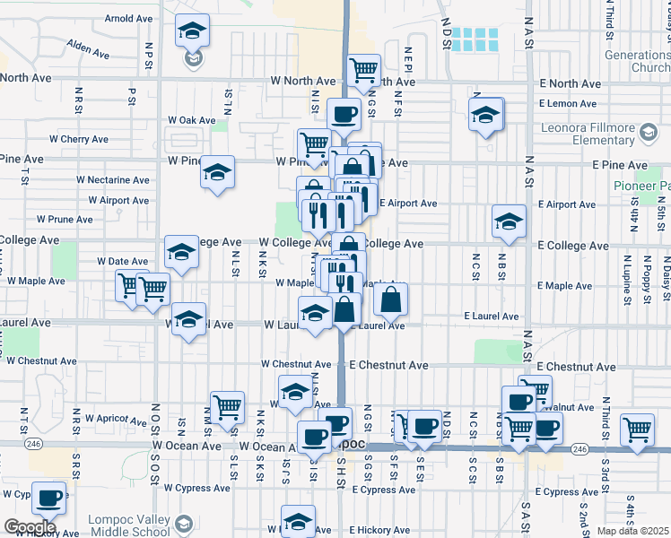 map of restaurants, bars, coffee shops, grocery stores, and more near 502 North H Street in Lompoc