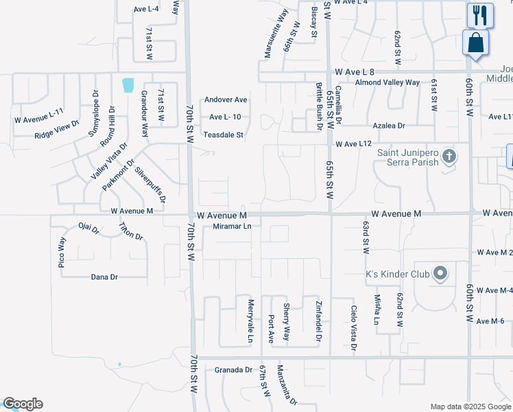 map of restaurants, bars, coffee shops, grocery stores, and more near 6703 Miramar Lane in Palmdale