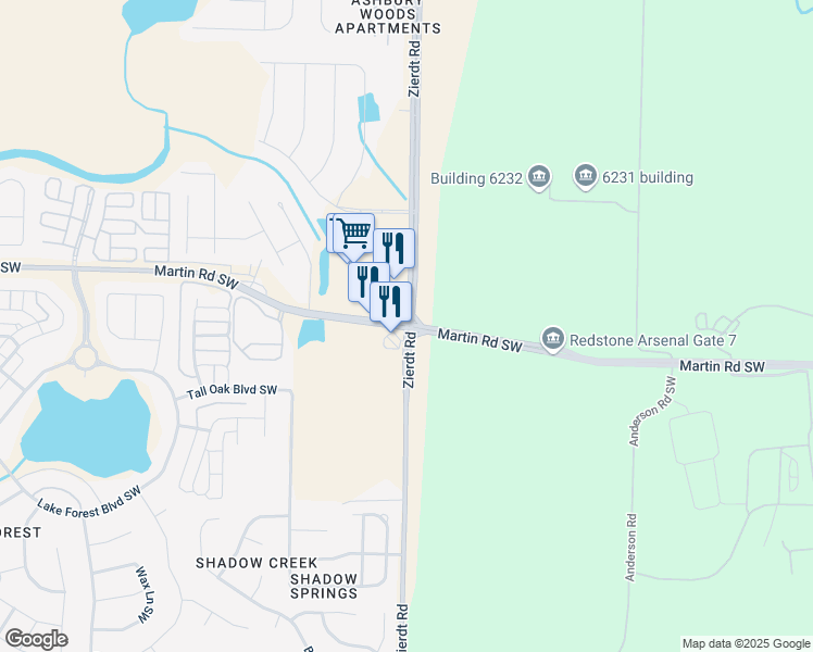 map of restaurants, bars, coffee shops, grocery stores, and more near Martin Rd SW & Zierdt Rd in Huntsville