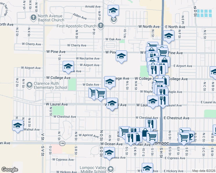 map of restaurants, bars, coffee shops, grocery stores, and more near 719 West Maple Avenue in Lompoc