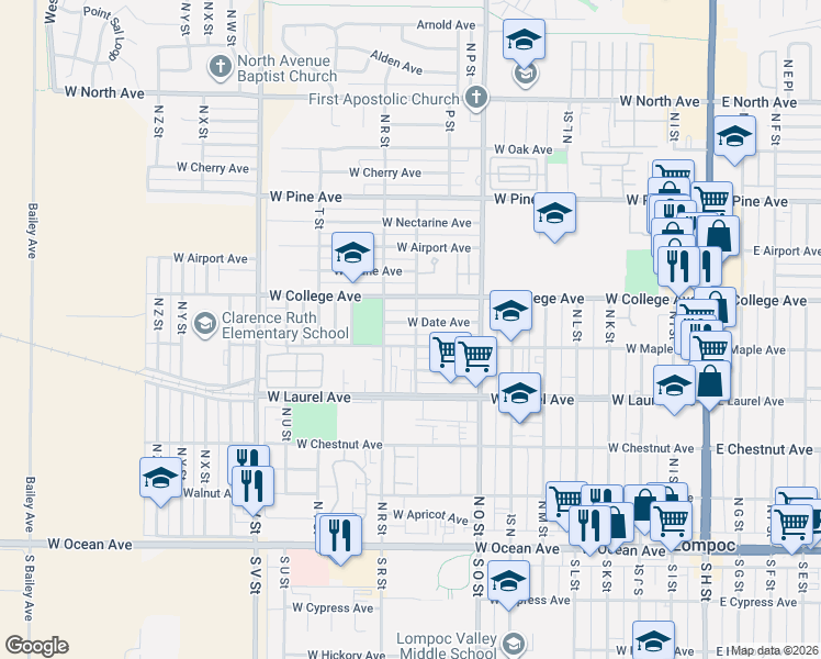 map of restaurants, bars, coffee shops, grocery stores, and more near 1004 West Maple Avenue in Lompoc