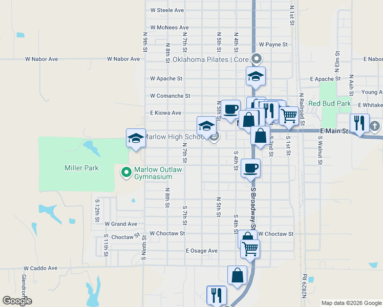 map of restaurants, bars, coffee shops, grocery stores, and more near 212 South 7th Street in Marlow