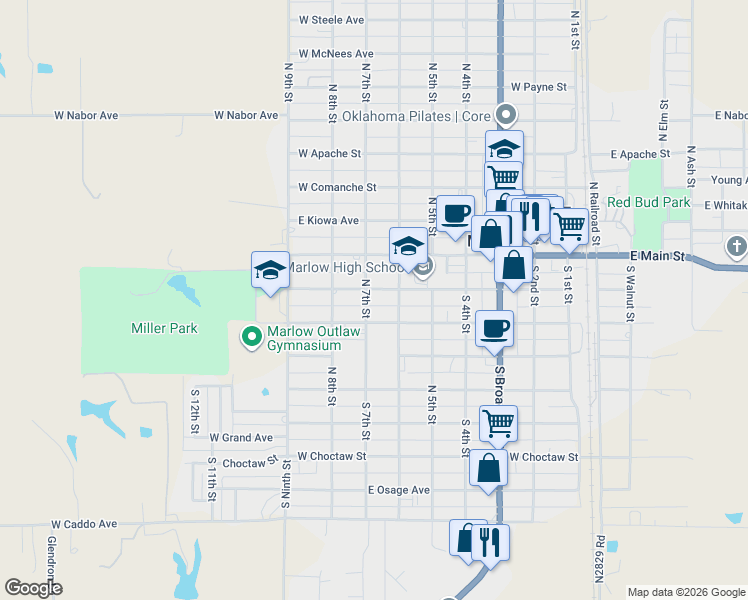map of restaurants, bars, coffee shops, grocery stores, and more near 212 South 7th Street in Marlow