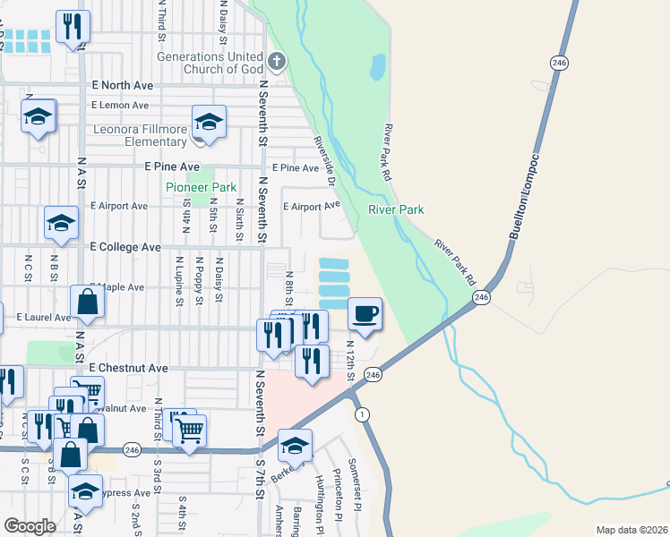 map of restaurants, bars, coffee shops, grocery stores, and more near in Lompoc