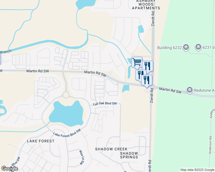 map of restaurants, bars, coffee shops, grocery stores, and more near 240 Martin Road Southwest in Huntsville