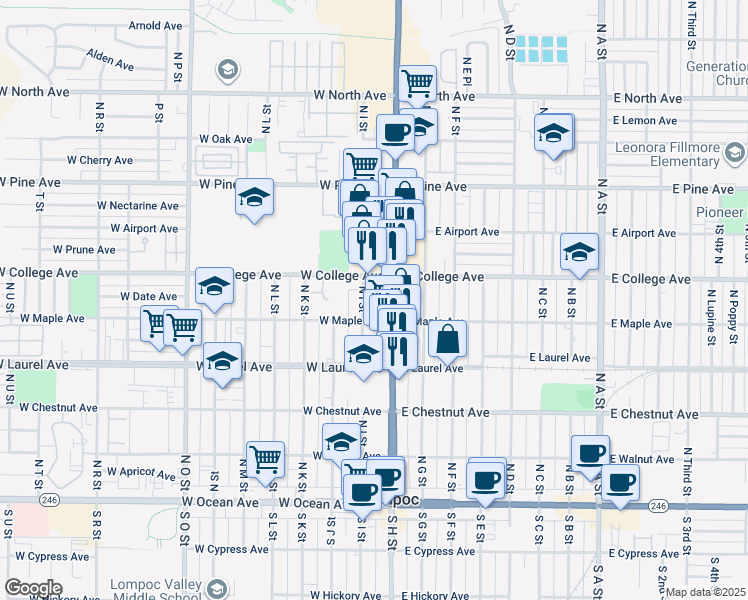map of restaurants, bars, coffee shops, grocery stores, and more near 516 North I Street in Lompoc