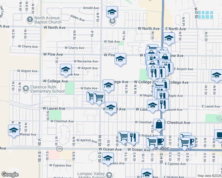map of restaurants, bars, coffee shops, grocery stores, and more near 516 N Street in Lompoc