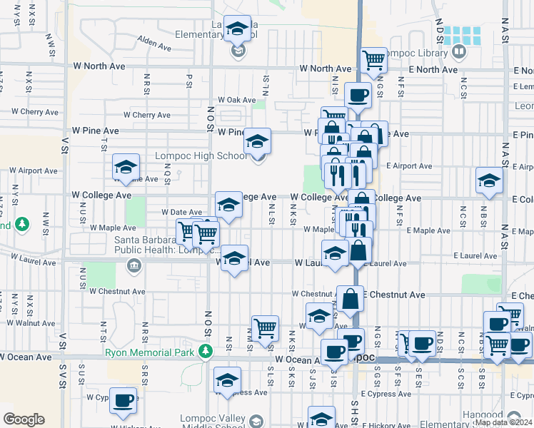 map of restaurants, bars, coffee shops, grocery stores, and more near 517 North L Street in Lompoc