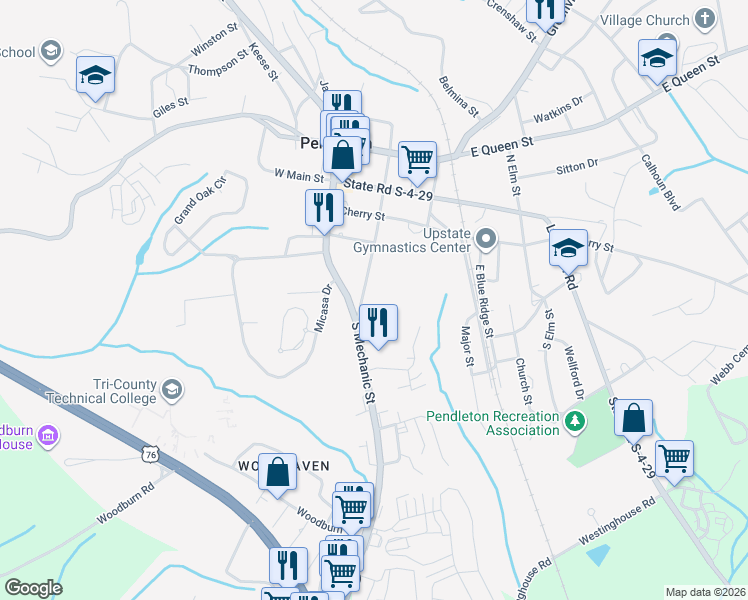 map of restaurants, bars, coffee shops, grocery stores, and more near 603 South Mechanic Street in Pendleton